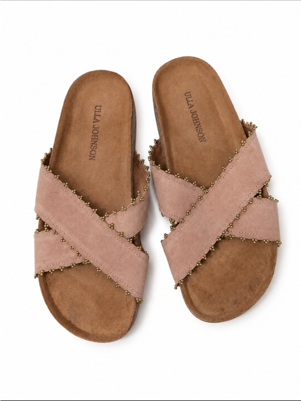 Ulla Johnson Suede Beaded Cross Strap Slide Sandals Blush Pink Size 9